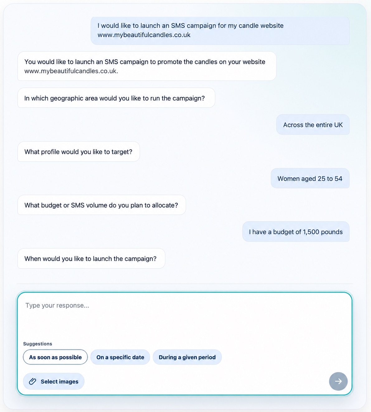 Conversation with the AI assistant to define an SMS campaign