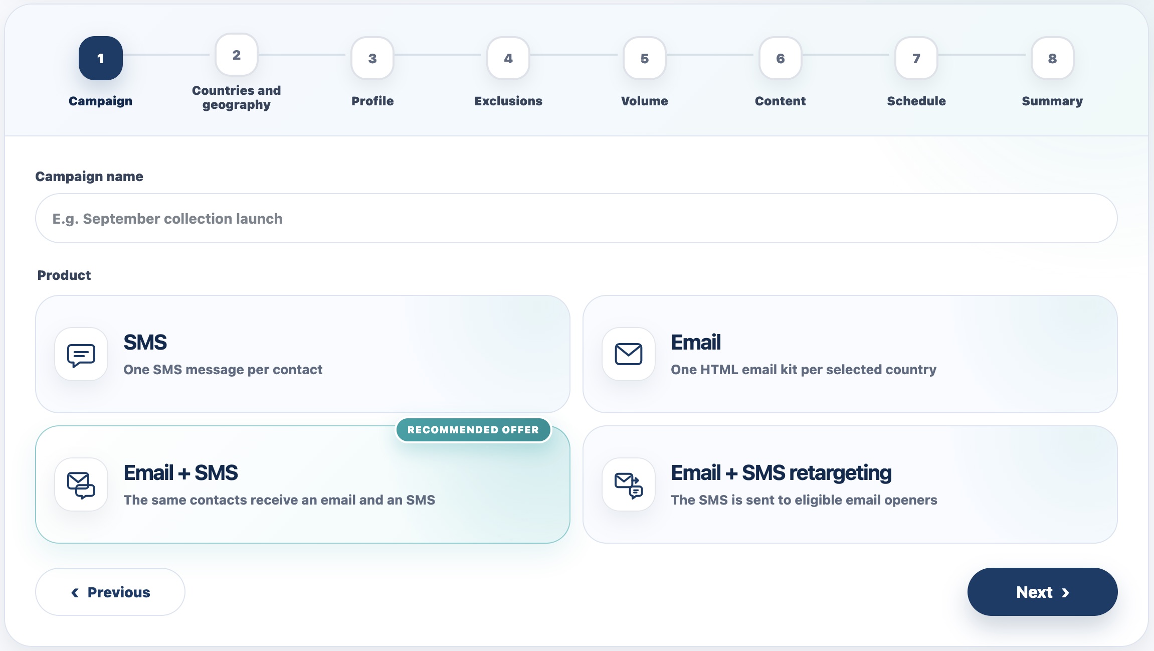 Selecting a product in the DMS Europe campaign creation journey