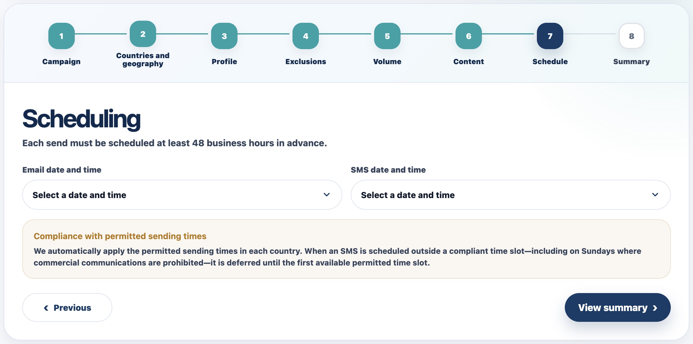 Scheduling email and SMS delivery for a campaign
