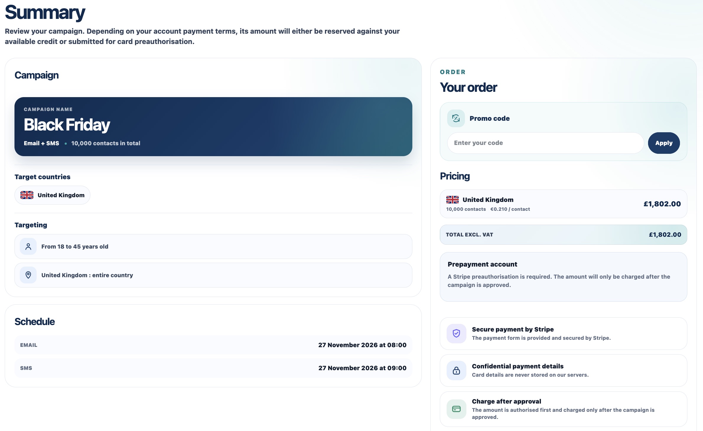 Campaign summary and pricing before validation