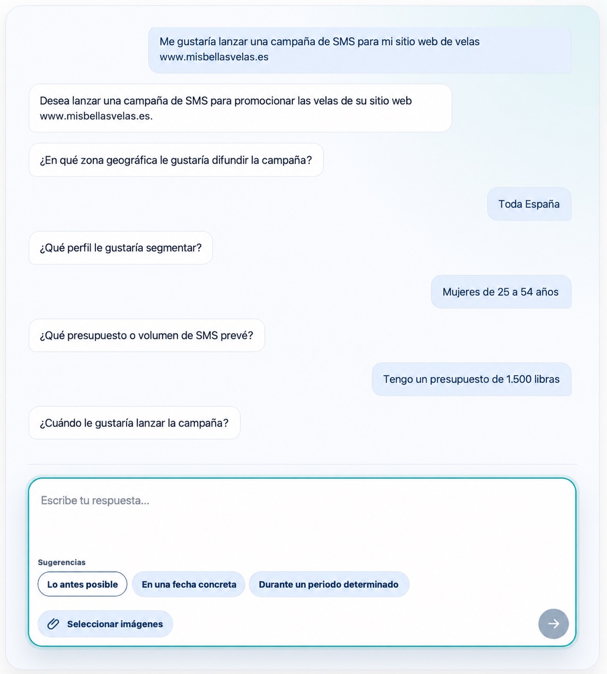 Conversación con el asistente de IA para definir una campaña SMS