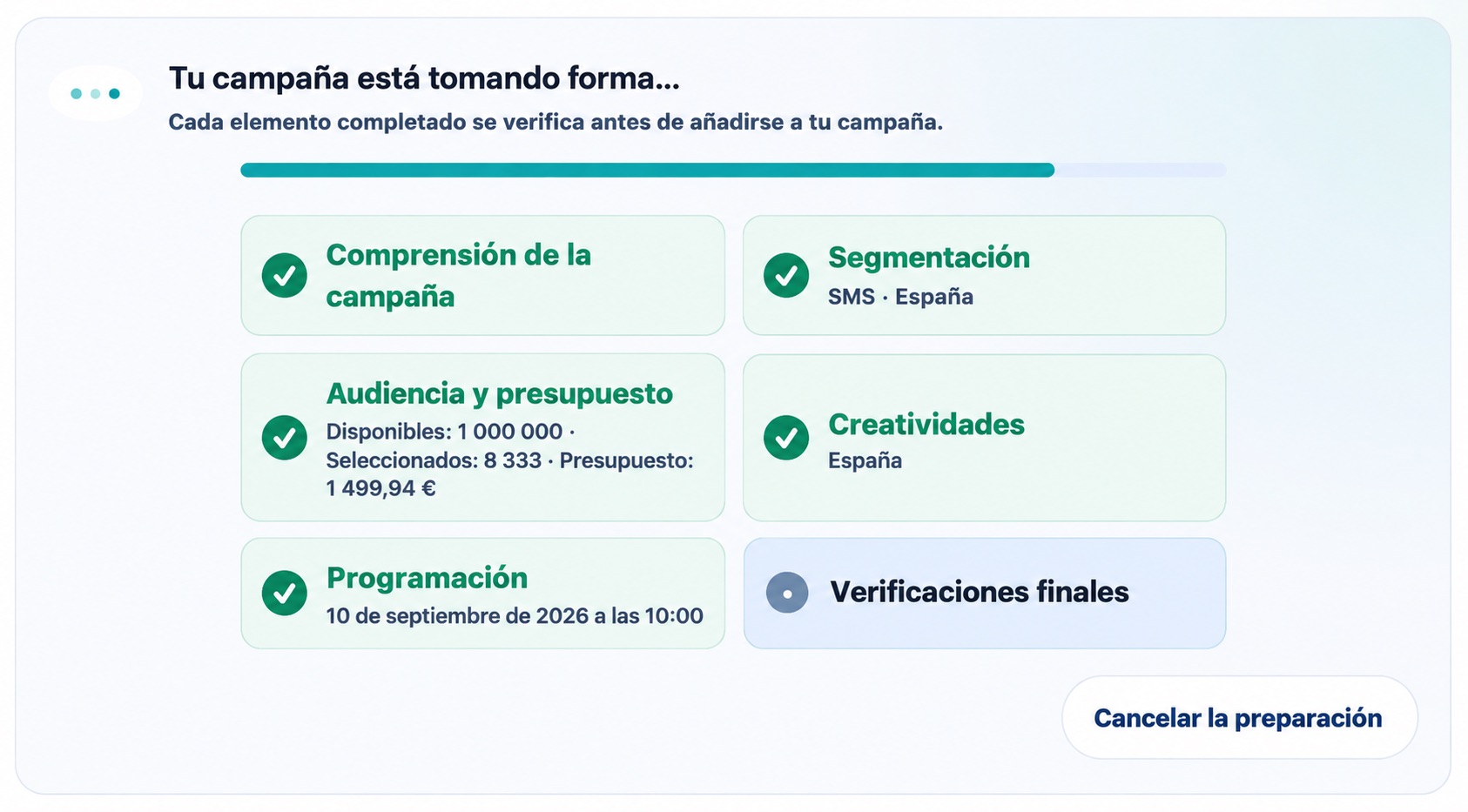 Preparación y comprobación de los elementos de una campaña por el asistente de IA