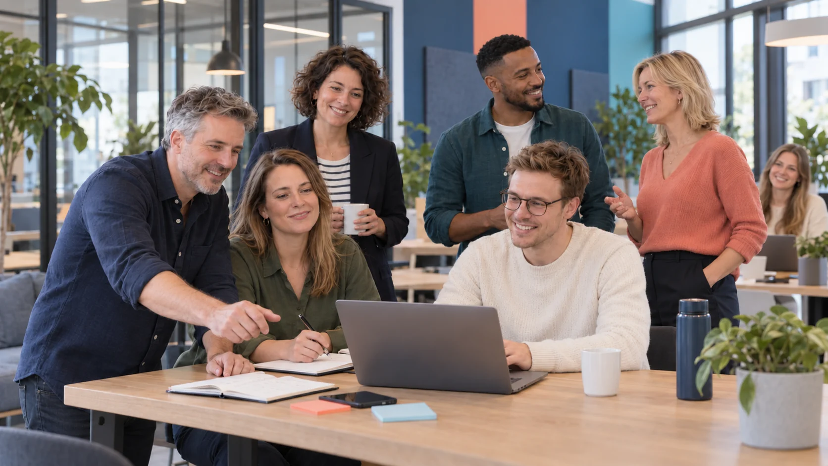 The DMS Europe team discussing a project in the office